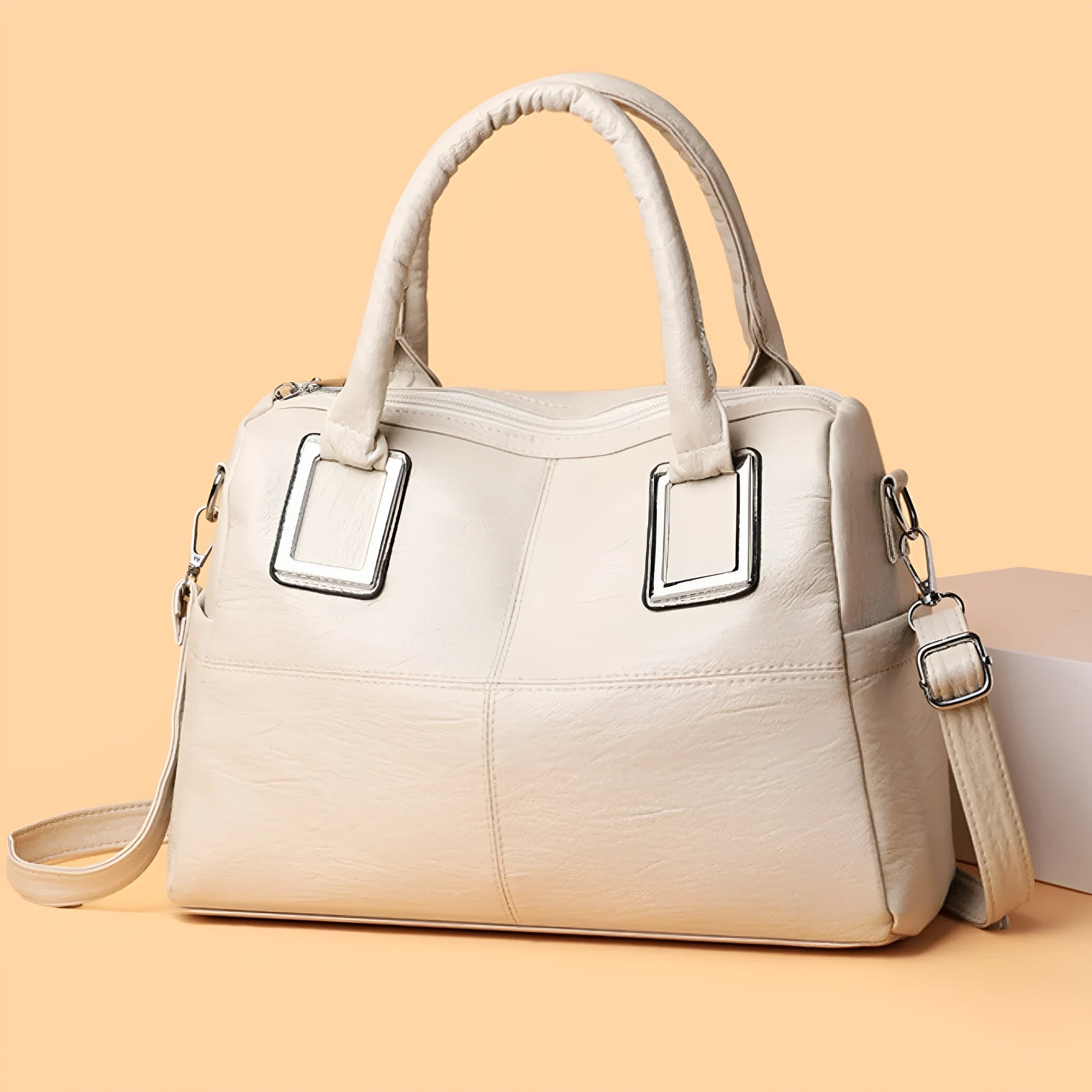 Women's square shoulder bag with phone compartment in camel colour