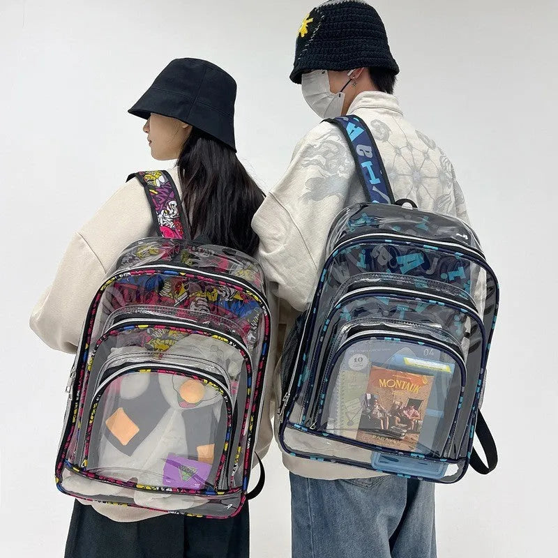 Clear transparent PVC waterproof backpack with a red inner voile bag visible inside.
