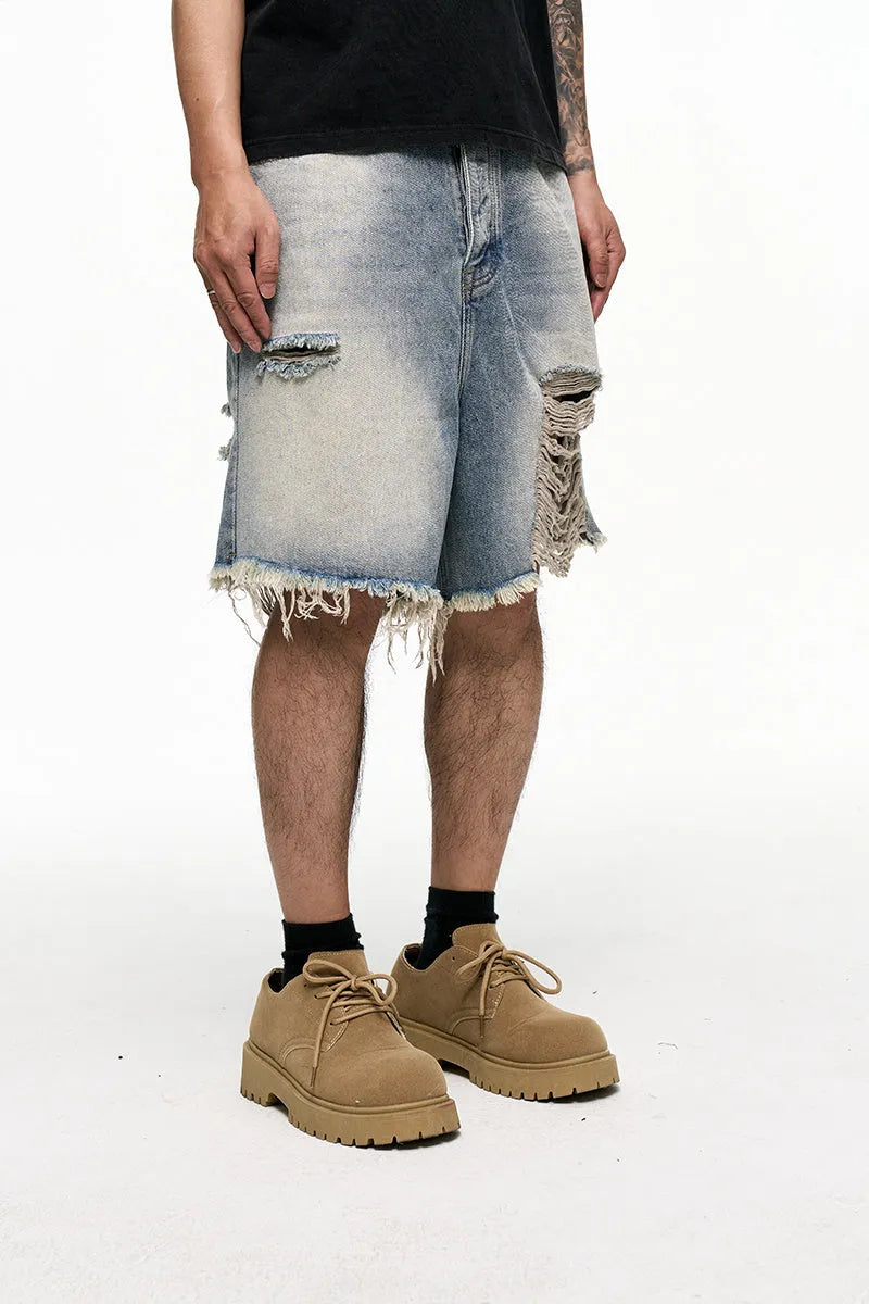 Light blue retro washed men's baggy denim shorts with wide leg design