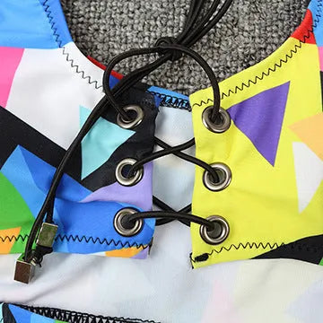 Women's checkered cross strap high waist bikini for swimming
