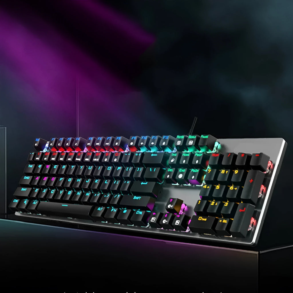 AOC GK410 wired mechanical keyboard with green switches and black keycaps on a desk, showing metal frame and USB cable.