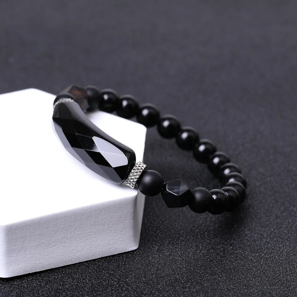 Handmade diamond-shaped cut agate bracelet with geometric pattern and fan-shaped elements
