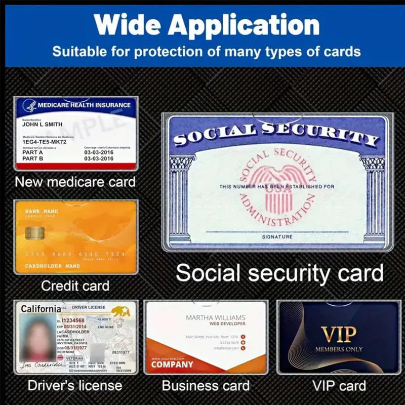 Clear transparent PVC social security card holder measuring 9.7 by 5.9 centimetres.