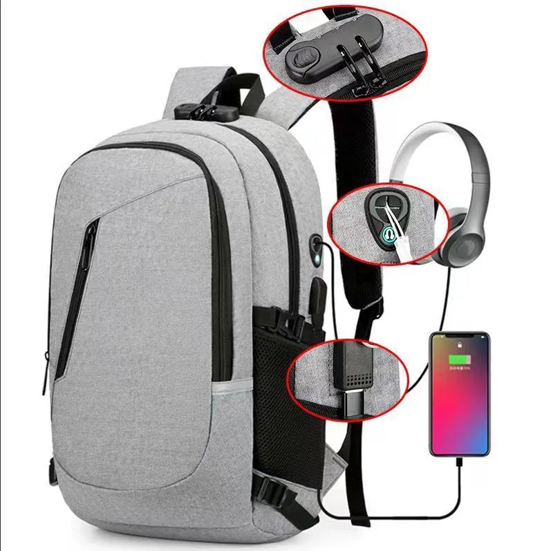 Blue unisex Oxford cloth computer backpack with a street style design, shown from the side.