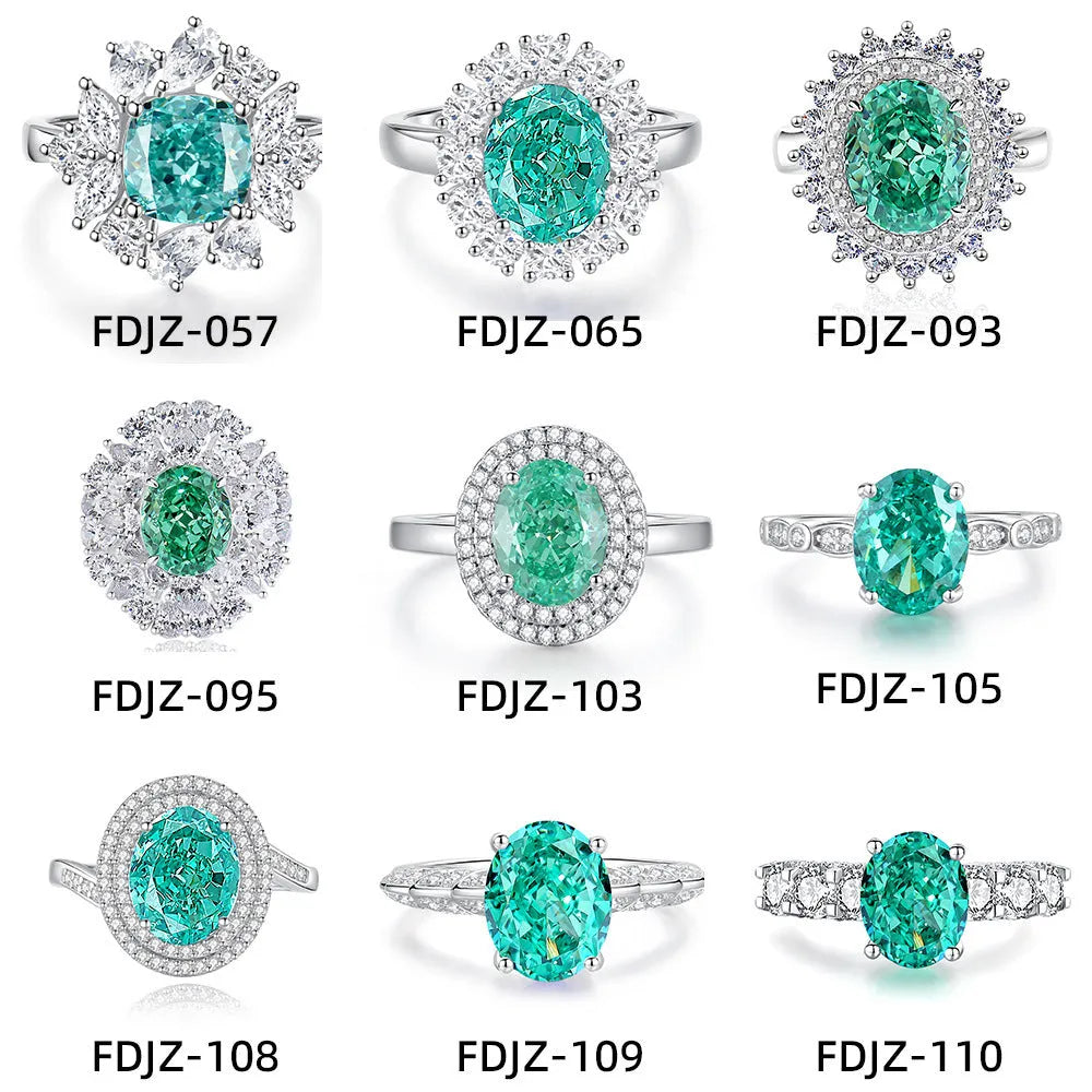 S925 sterling silver women's ring with emerald and high carbon diamond inlay in geometric oval shape.