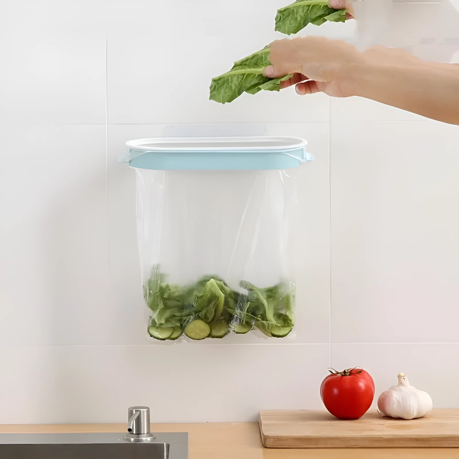 Blue plastic kitchen garbage bag storage rack for under-sink organisation