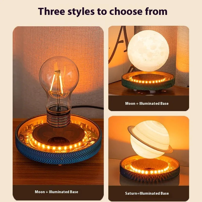 Small magnetic suspension night lamp in a choice of 3D-printed Moon, Saturn, or Bulb shapes on a dark background.