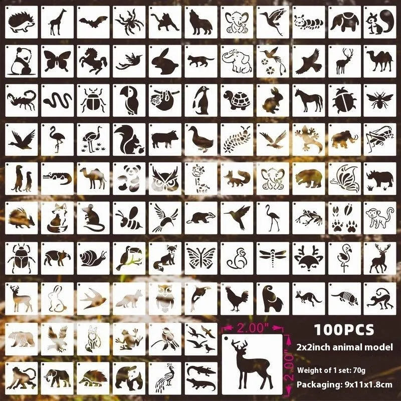 700 piece hollow spray painting stencil set showing animals, ocean, Hawaii, letter, and floral designs on milky white PET film