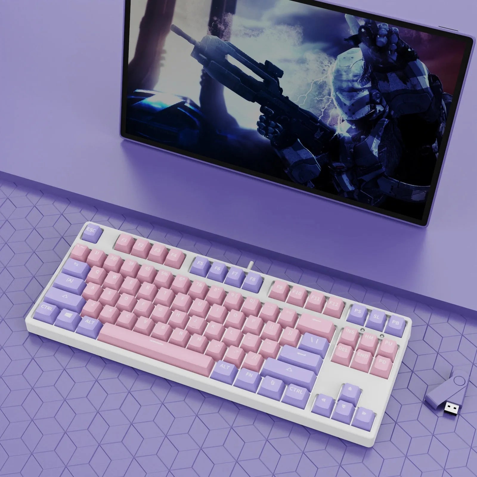 87-key wired mechanical keyboard with two-tone keycaps, shown with switch puller and cleaning brush