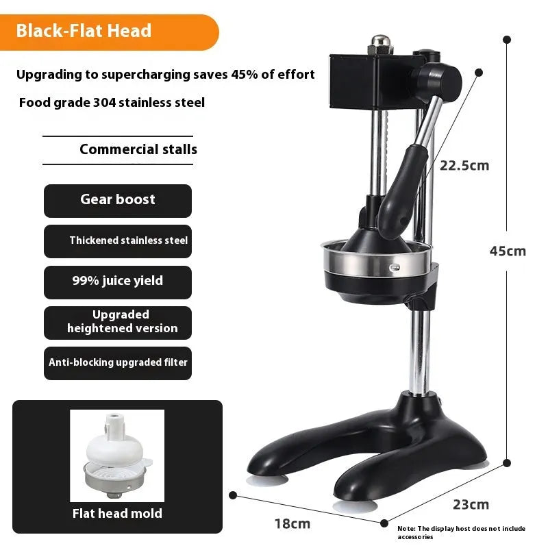 Vertical stainless steel and zinc alloy manual citrus juicer on a kitchen counter.