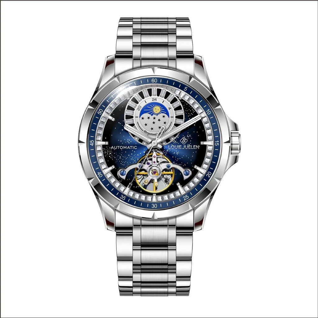 Men's silver automatic watch with blue dial on a stainless steel bracelet, showing transparent case back.