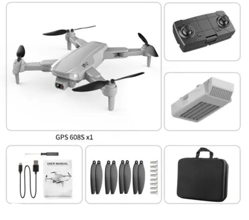 S608 PRO quadcopter in orange with dual cameras, foldable propellers, and GPS module on black background