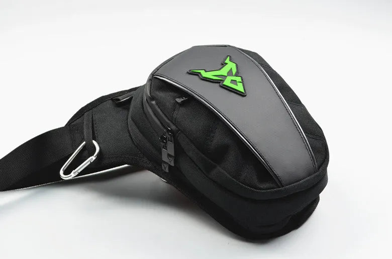 Motorcycle riding leg bag in 1200D Oxford cloth, shown in blue, with crossbody strap.