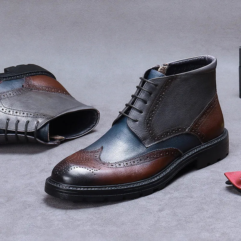 Men's vintage brogue ankle boots in curry blue cowhide leather with colour-blocking and low square heel.