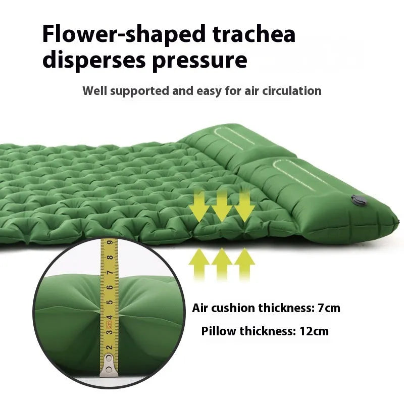 Double widened camping air mattress in army green colour with optional pillow attachment