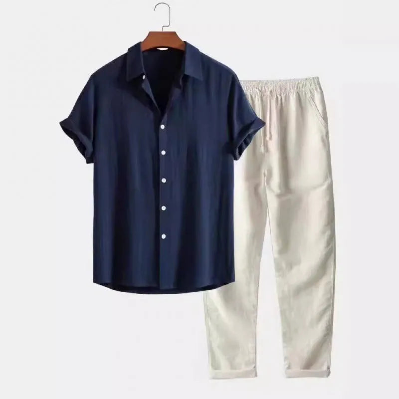 Men's casual short sleeve shirt and trousers set in polyester linen fabric with loose fit