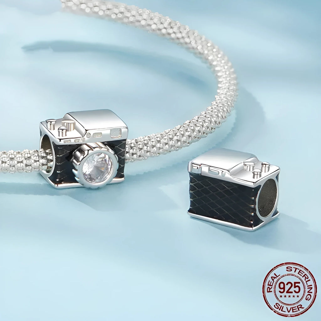 Zircon S925 sterling silver camera bead with dripping oil finish, height 0.8cm width 1.0cm aperture 0.45cm