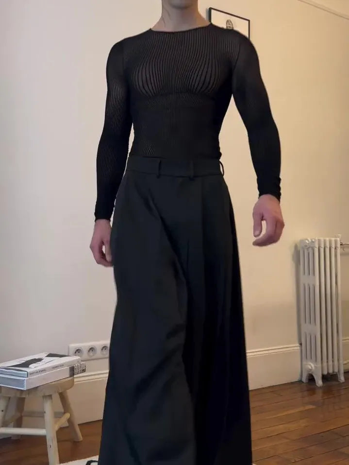 Black mesh long-sleeve top with sheer striped design, regular fit, sizes S to 3XL