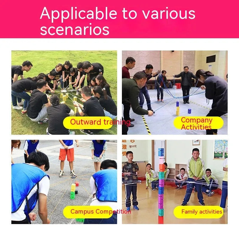 ABS plastic team building game equipment with pull ropes and interlocking tower blocks for group activities