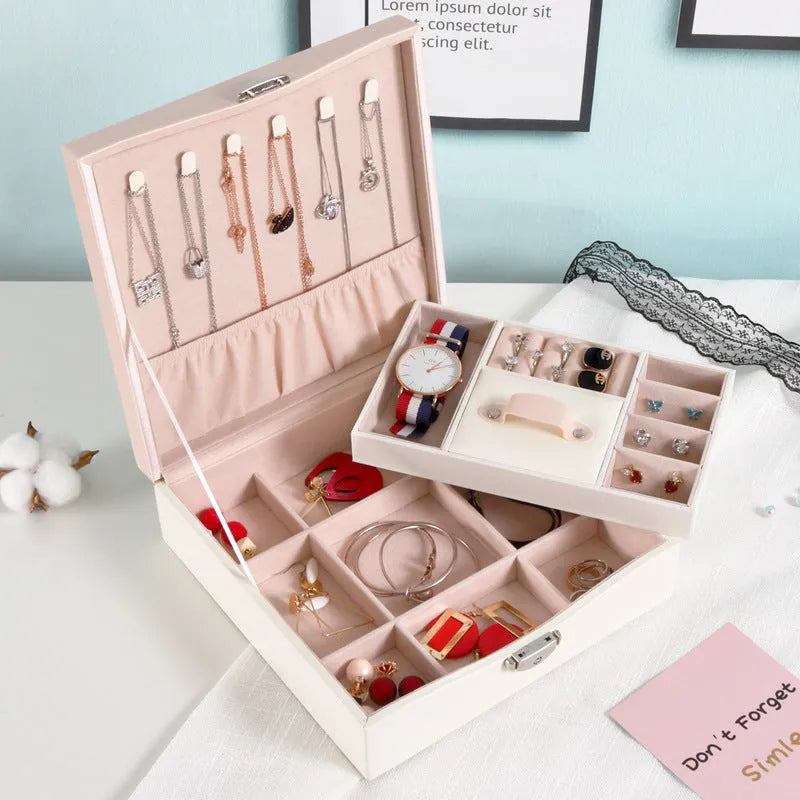Red and white large capacity PU jewellery storage box for necklaces and rings.