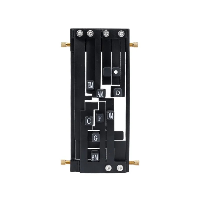 Black auxiliary guitar chord maker device with automatic gear for novice second chord practice.