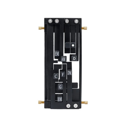 Black auxiliary guitar chord maker device with automatic gear for novice second chord practice.