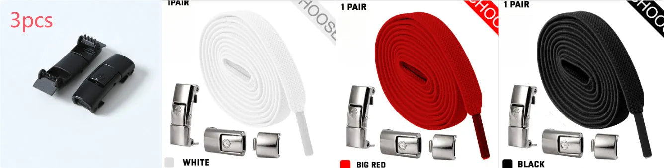 Set of press lock elastic no-tie shoelaces in 8mm widened flat design on a white background.