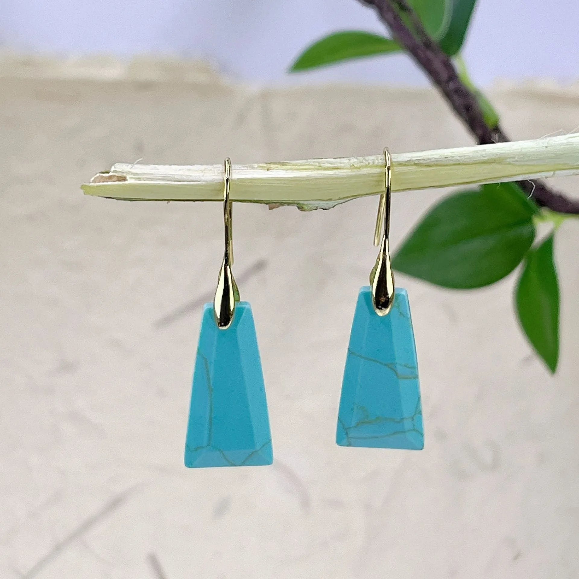 Natural stone lapis lazuli earrings with geometric design and gold hook