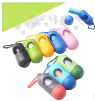 Black plastic dog poop bag dispenser with Velcro strap and a side metal hook.