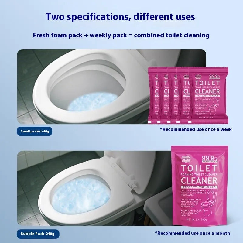Toilet descaling bubble powder in blue or pink fragrance, 240g bag or box of 5 sachets.