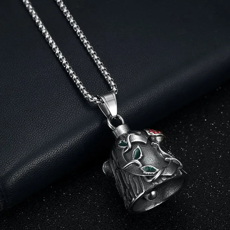 Titanium steel motorcycle lucky bell pendant with epoxy rose design and polished finish