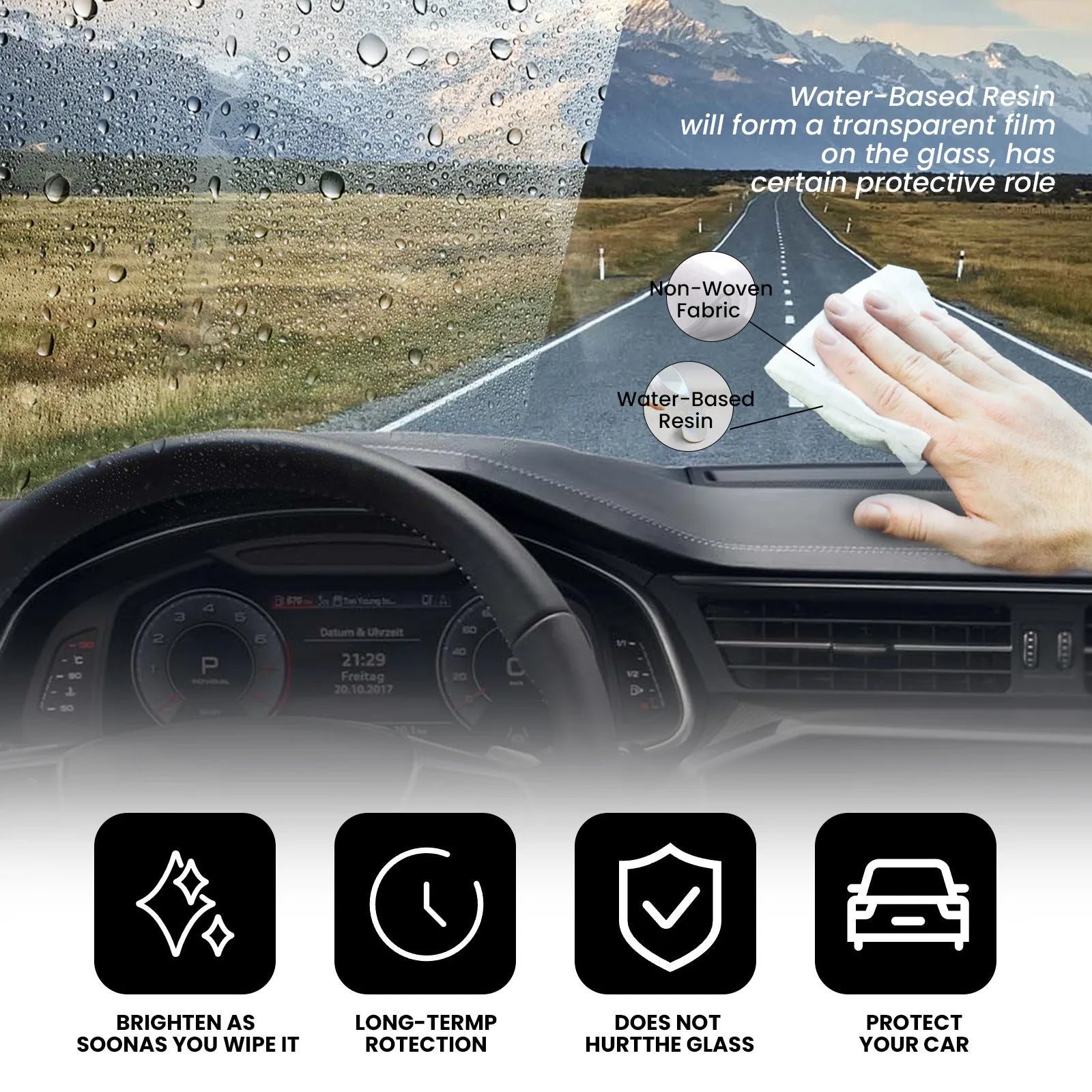 Pack of 40 car anti-fog rainproof wipes with water-based resin on non-woven fabric