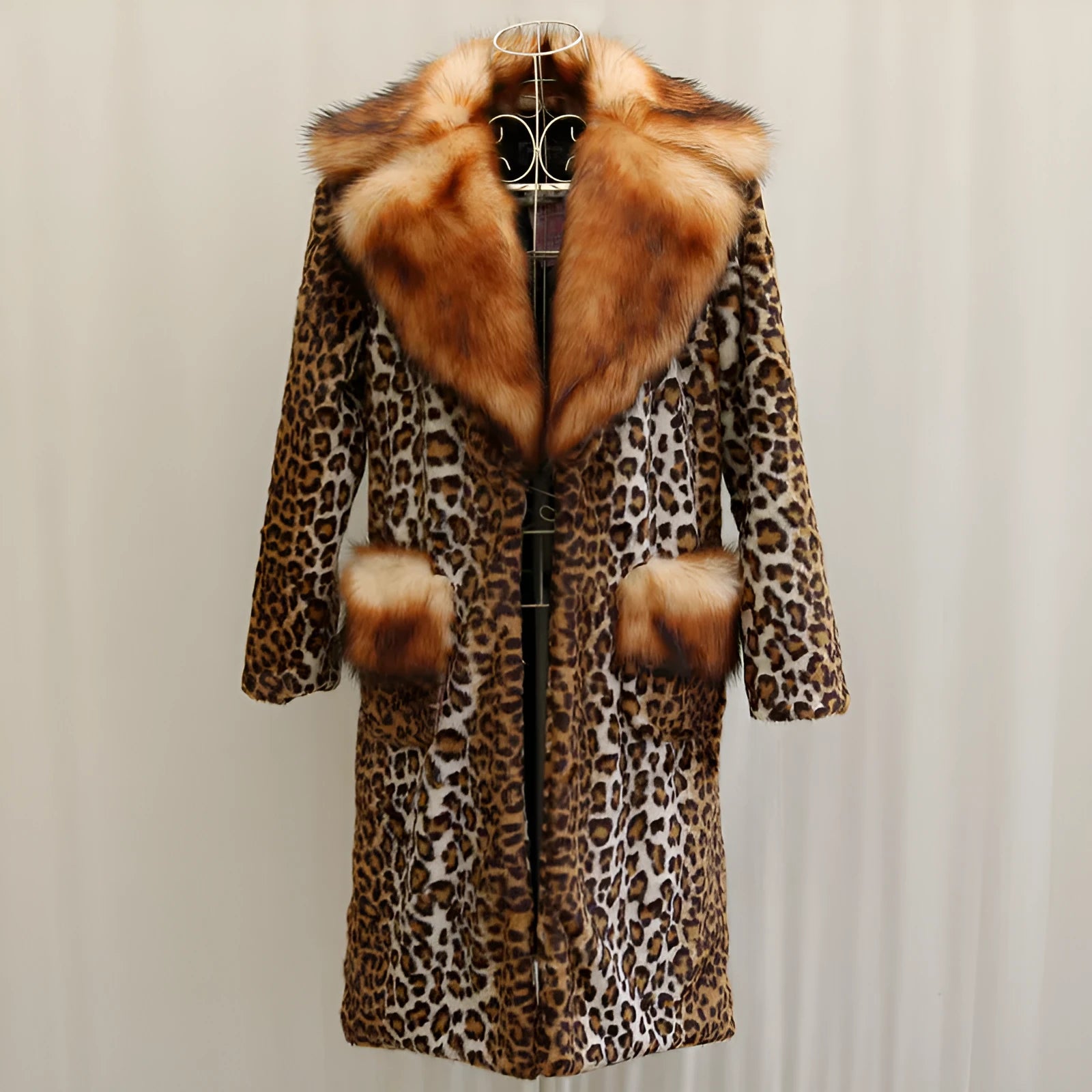 Leopard print long artificial fur jacket for women on a hanger, showing full 80cm length.