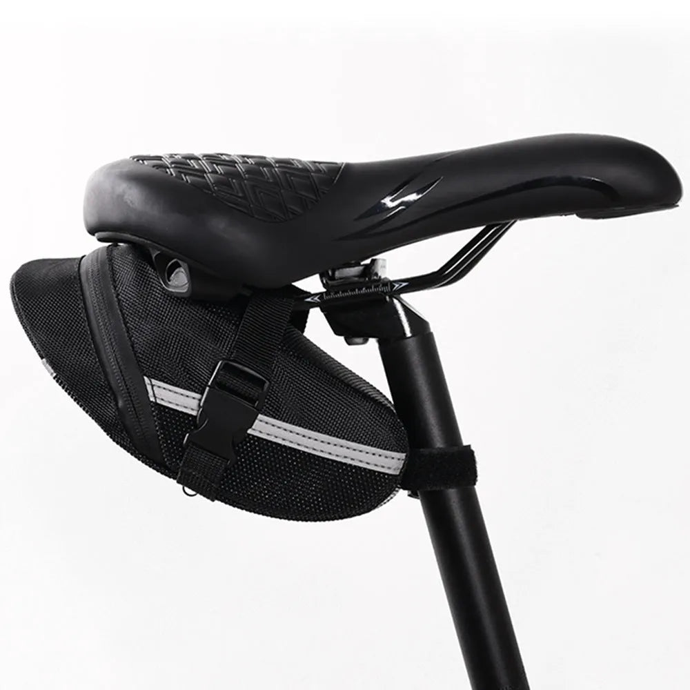 Black quick release bicycle saddle bag mounted under bike seat with tool capacity dimensions 20x8x6cm