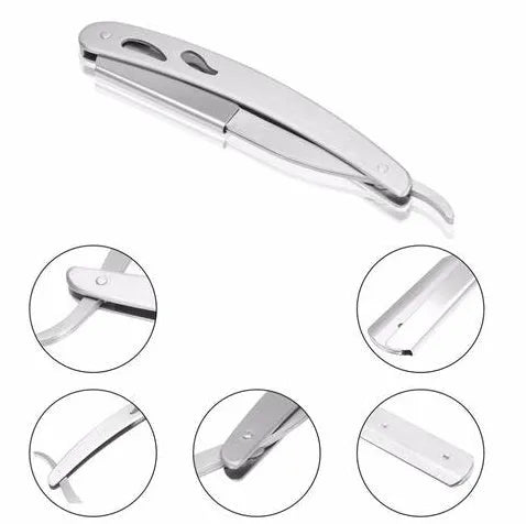 Silver stainless steel straight razor 14cm with 10 steel blades for smooth shaving