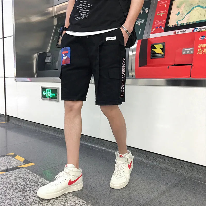 Men hip hop casual loose fit cotton shorts with letter print in black colour