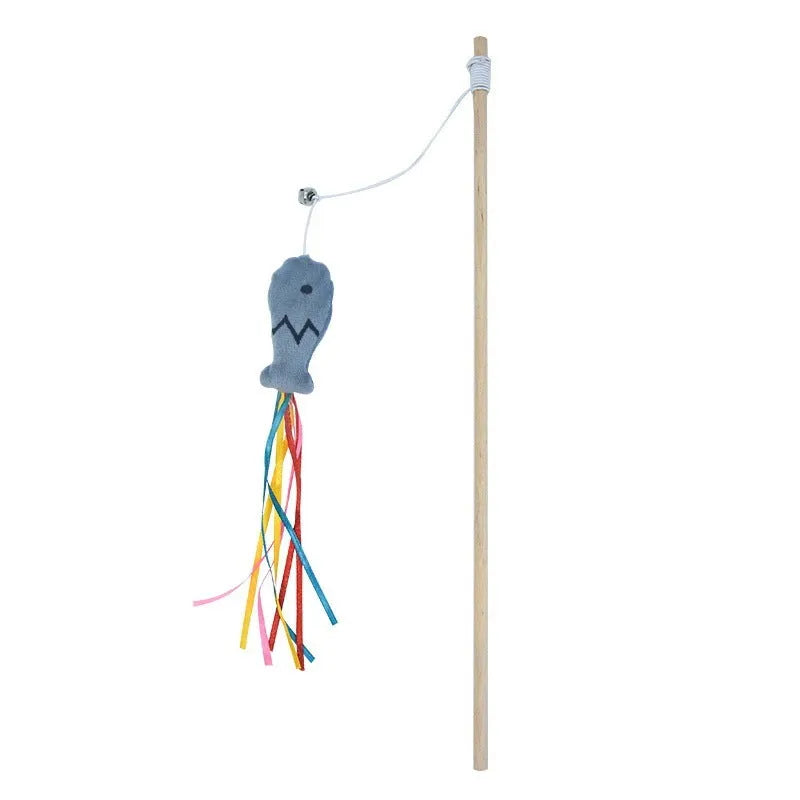 Interactive cat wand toy with colourful ribbons, bell, and catnip fish on a wooden handle.
