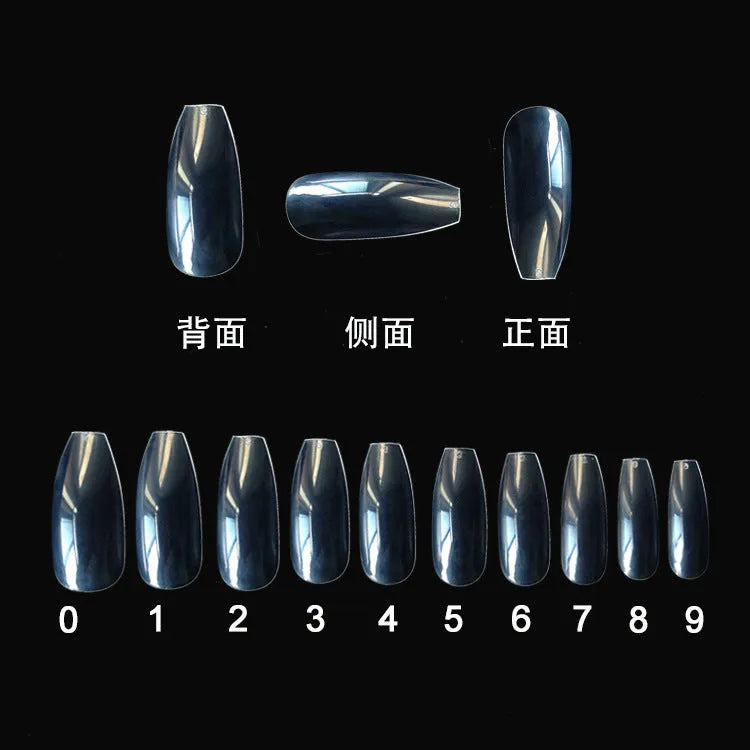 Clear transparent ABS false nails in a pack of 500 pieces, showing French tip design and range of sizes.