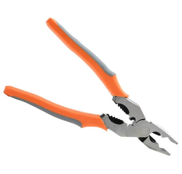 Orange handled multi-function wire cutter with forged alloy steel jaws on a workbench.