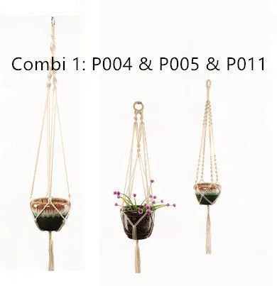 A rustic-style woven cotton rope plant trellis panel supporting green leaves.