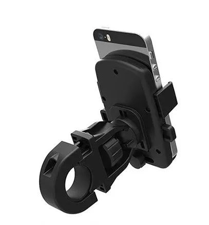 Black ABS plastic bicycle mobile phone holder mounted on handlebars, showing adjustable strap.