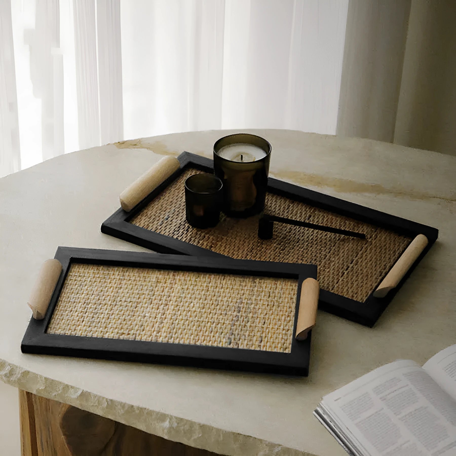 Pine wood tea tray with separate compartments for teapot, cups, and snacks.