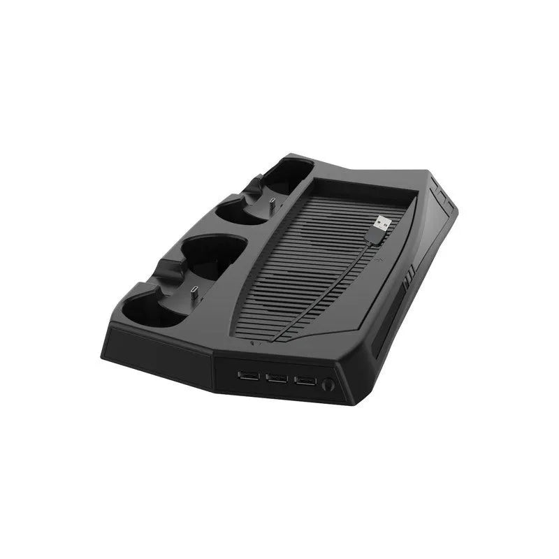 Black PS5 charging cooling fan base with dual controller slots and USB hub for console