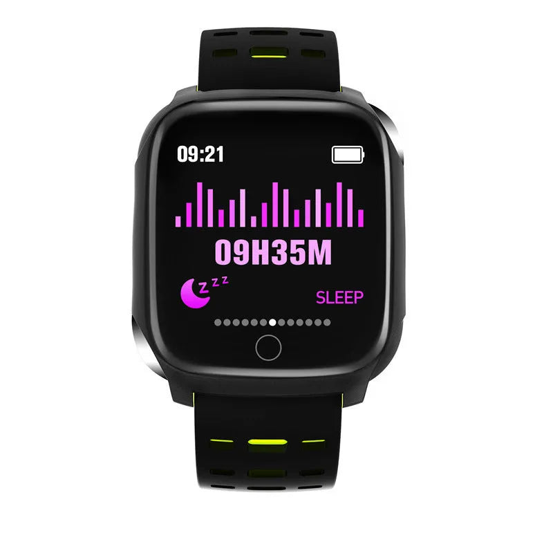 F16 smart watch with ECG and blood pressure monitoring on wrist, showing black and grey colour variant.
