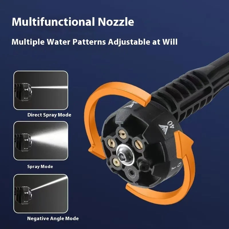 Wireless high pressure water gun with multi-function nozzle in green or yellow plastic zinc alloy construction
