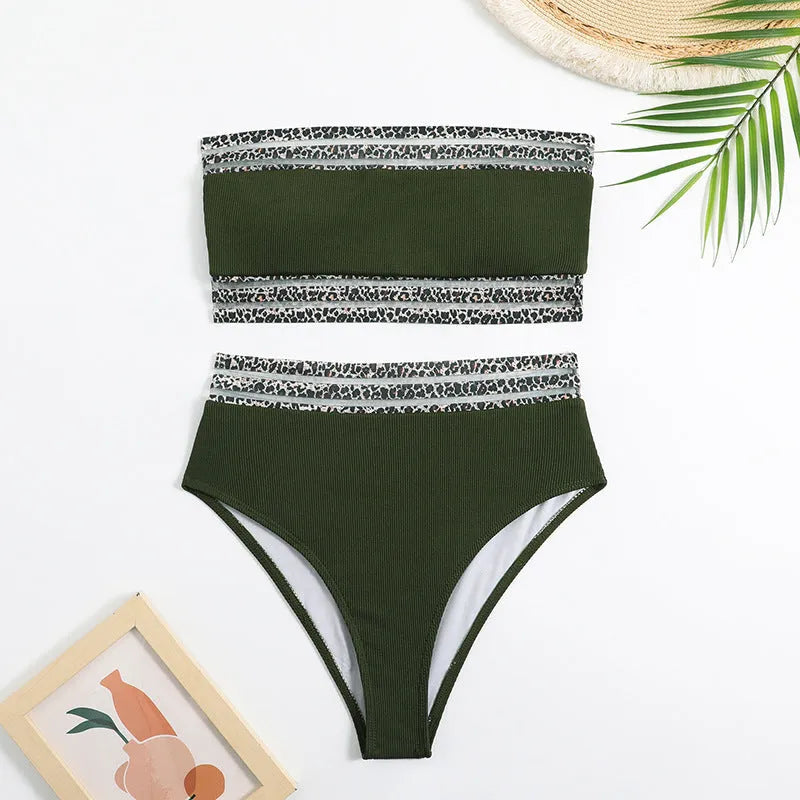 Black leopard print strapless swimsuit with two-piece design on mannequin