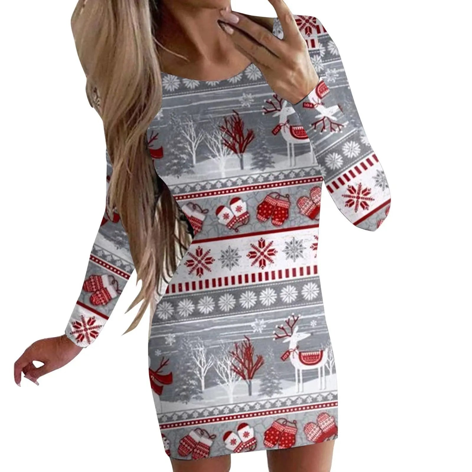 Christmas printed narrow dress with animal pattern design and round neckline