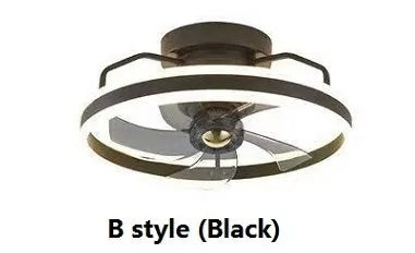 Modern white ceiling fan lamp with integrated light and five blades, mounted on a ceiling.