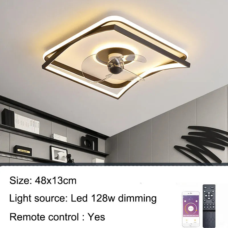 Modern black ceiling fan lamp with integrated LED light and remote control for bedroom or dining room
