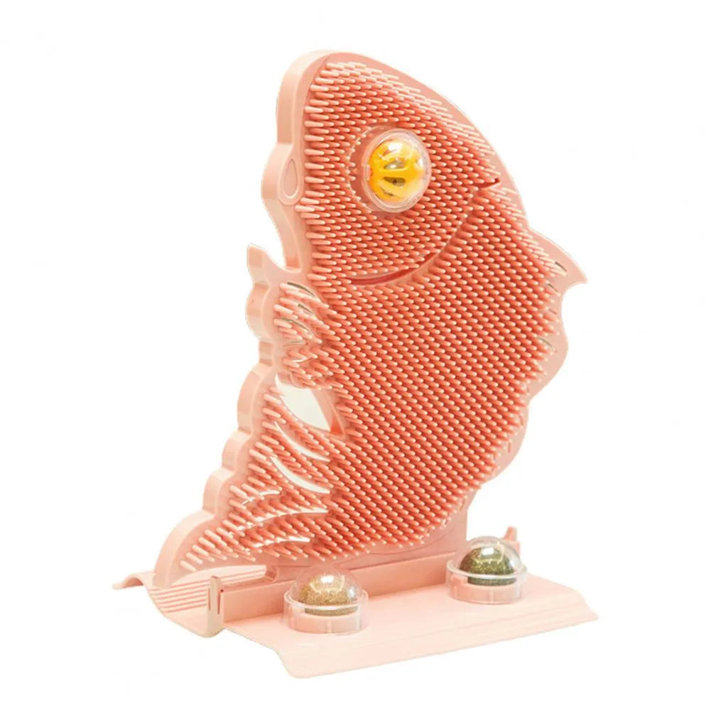 Blue fish-shaped plastic cat wall scratcher with self-grooming brush, catnip balls and mini bell